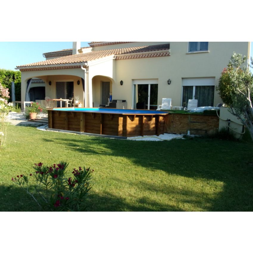 Piscine Bois Lucci Octogonale allongée avec Plage immergée + Escalier 415x265x131cm