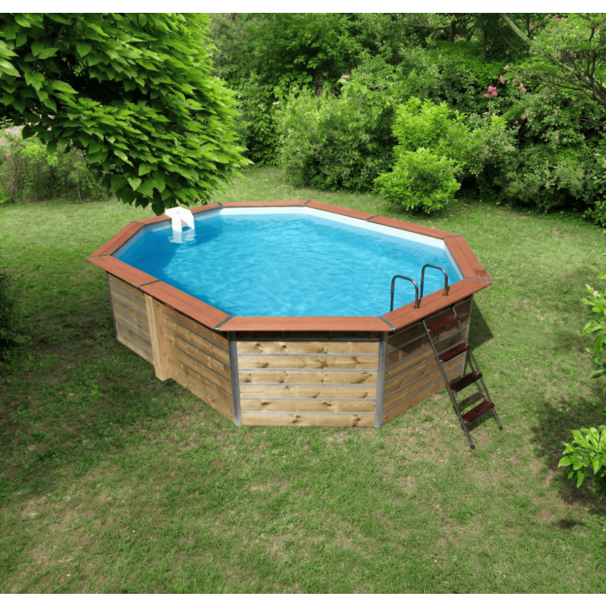 Piscine bois Octogonale Allongée LUCON 590x420x111cm Liner bleu