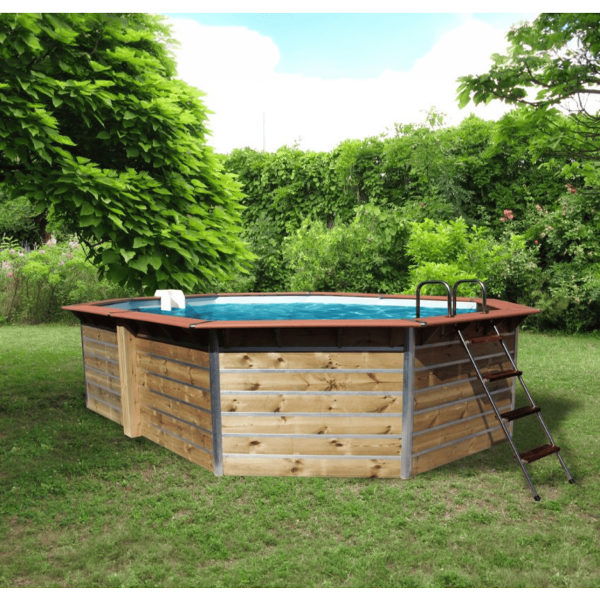 Piscine bois Octogonale Allongée FUGUA 590x420x129cm Liner bleu
