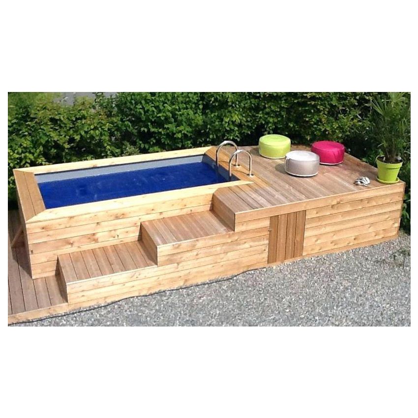 Piscine Bois Luxe Rectangulaire avec Plage Immergée + escalier 470x270x145cm Pierre de Bali