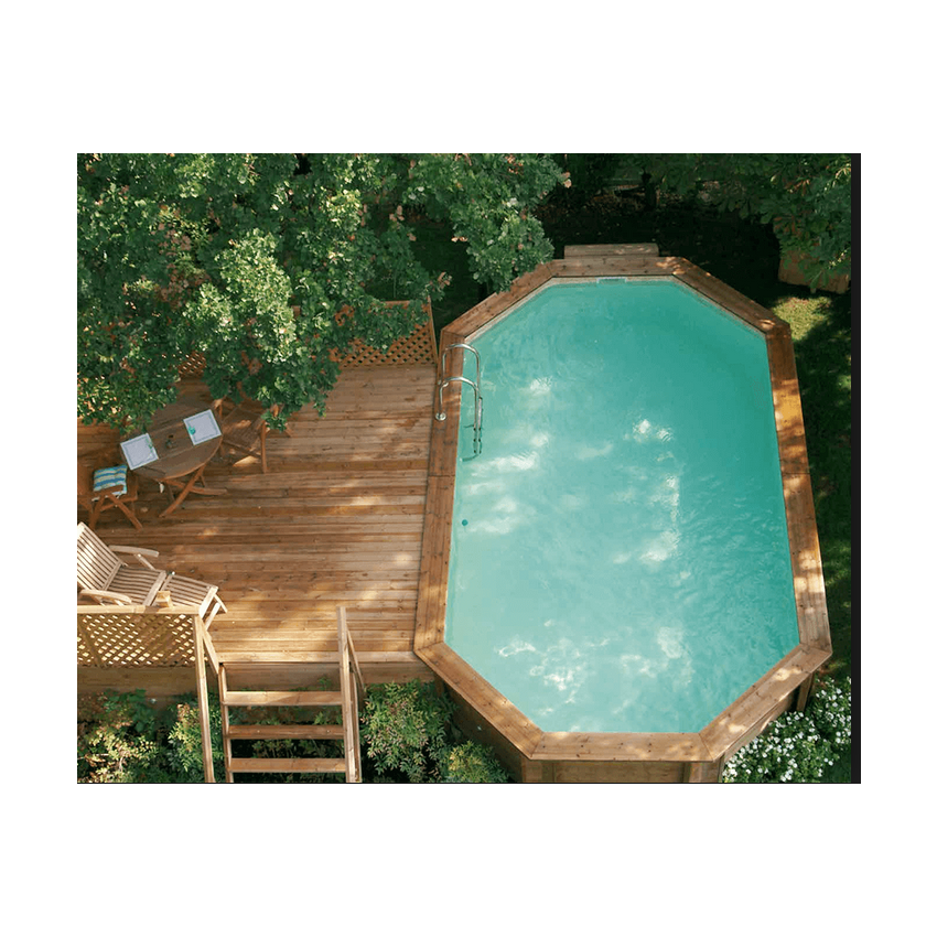 Piscine Bois Super Lucci Octogonale allongée avec Plage immergée + escalier 807x457x131cm