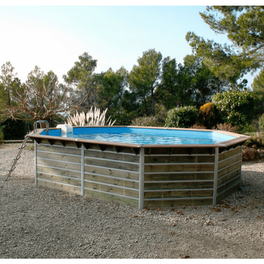 Piscine bois Octogonale Allongée FUGUA 590x420x129cm Liner bleu