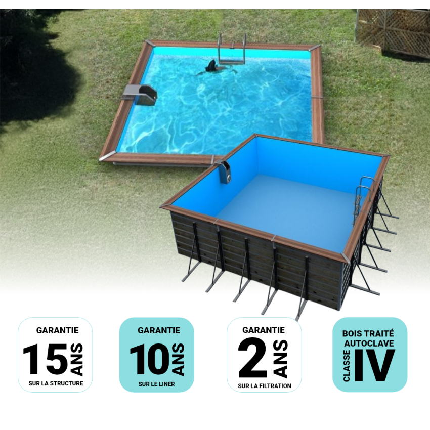 Piscine bois Carrée EGINE 370x370x147cm Liner bleu 
