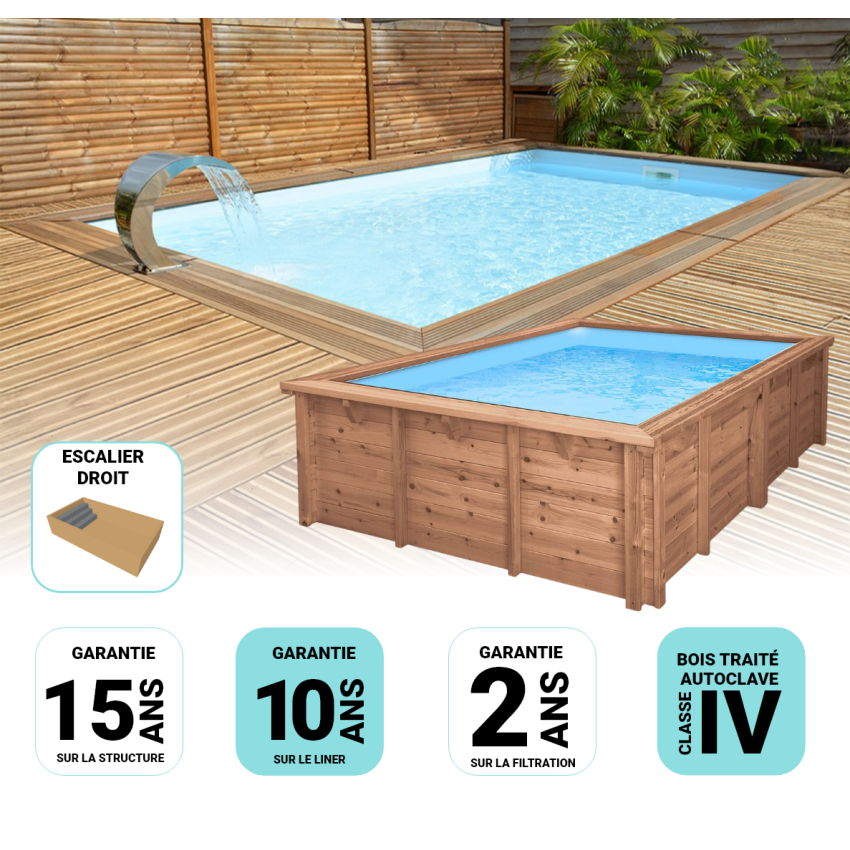 Piscine bois MAEVA Rectangulaire avec Escalier droit 650x350x150m