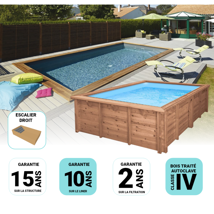 Piscine bois MAEVA Rectangulaire avec Escalier droit 700x400x150cm