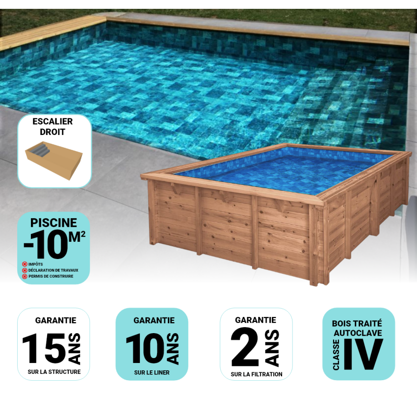 Piscine Bois Luxe Rectangulaire avec Escalier 420x320x131cm Pierre de Bali
