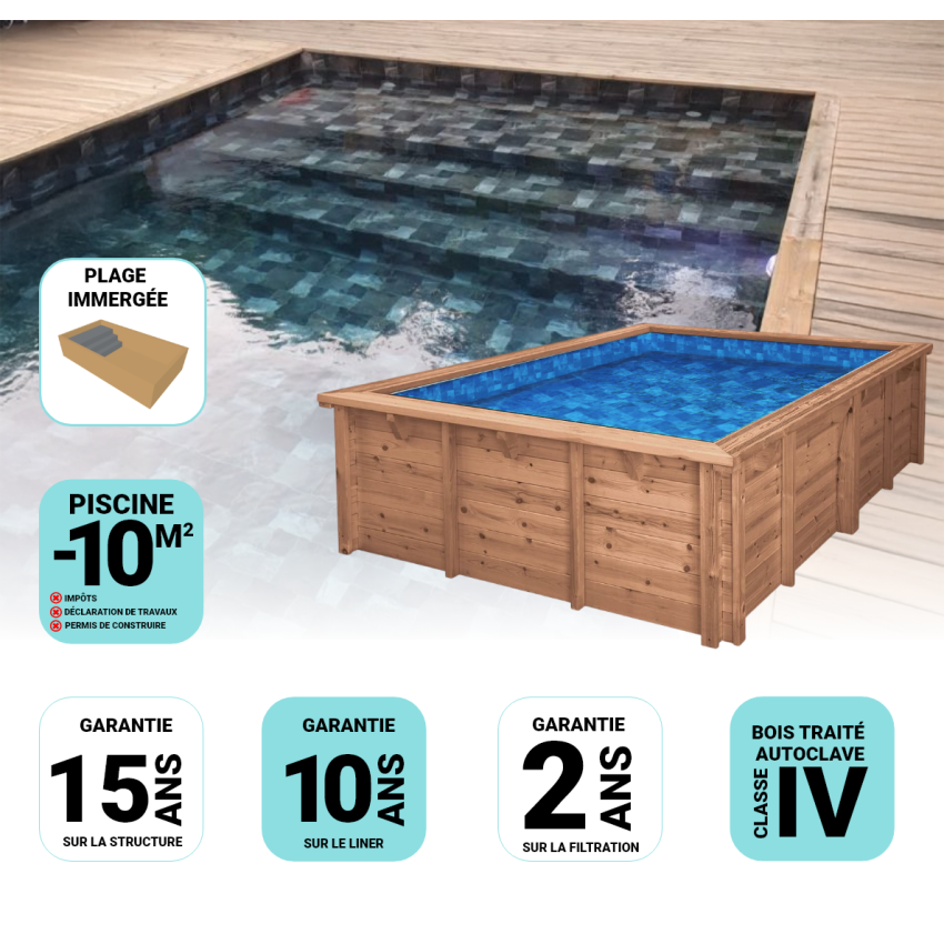 Piscine Bois Luxe Rectangulaire avec Plage immergée + escalier 420x320x131cm Pierre de Bali