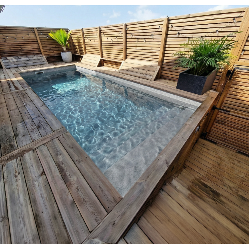 Piscine Bois PRESTIGE Rectangulaire SPARK avec Escalier 420x320x131 cm Liner Relief 3D