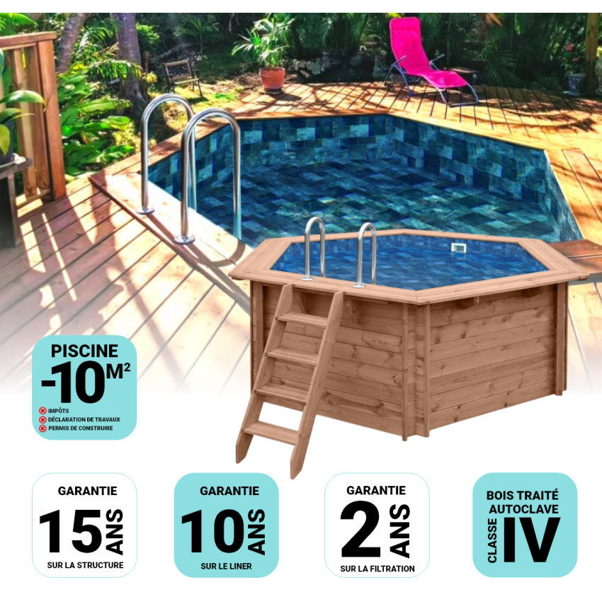 Piscine Bois Spark Ronde Hexagonale ⌀395x115cm Pierre de Bali
