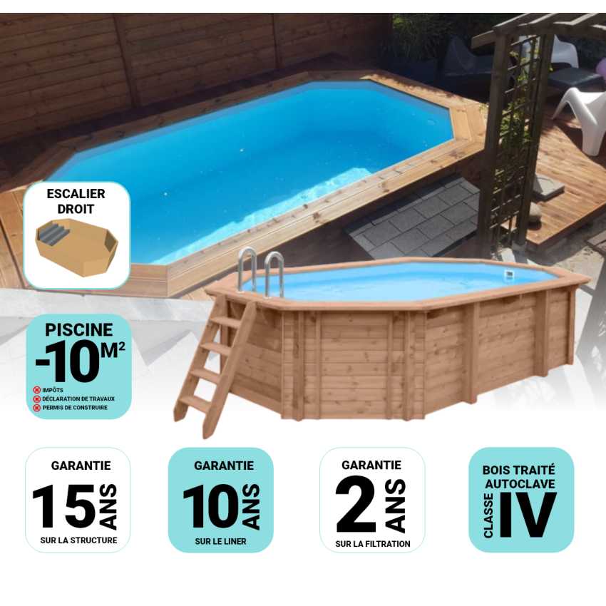 Piscine Bois Lucci Octogonale allongée avec Escalier 415x265x131cm