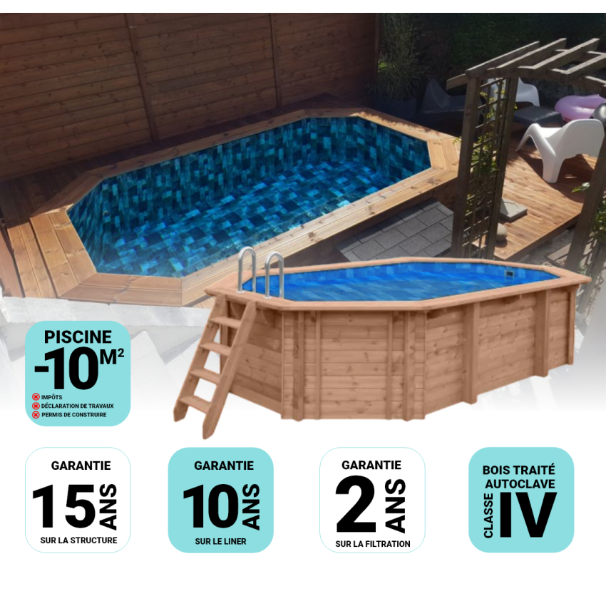 Piscine Bois Lucci Octogonale Allongée 415x265x131cm Pierre de Bali