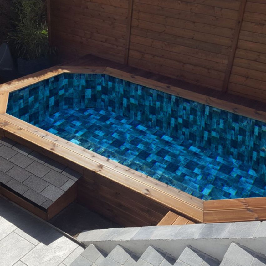 Piscine Bois Lucci Octogonale Allongée 415x265x131cm Pierre de Bali