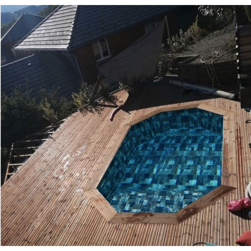 Piscine Bois Lucci Octogonale allongée avec Plage immergée + Escalier 415x265x131cm Pierre de Bali
