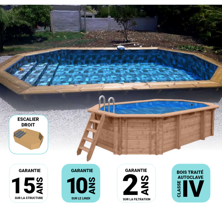 Piscine Bois d'Argent Octogonale Allongée avec Escalier 612x407x131cm Pierre de Bali