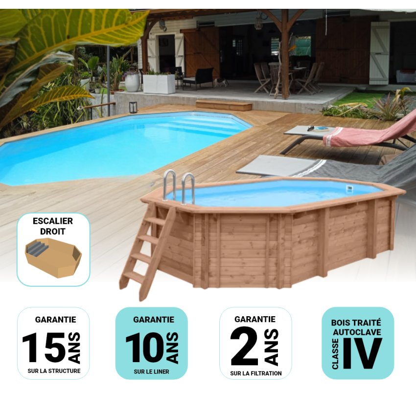 Piscine Bois d'Argent Octogonale allongée avec Escalier 612x407x131cm