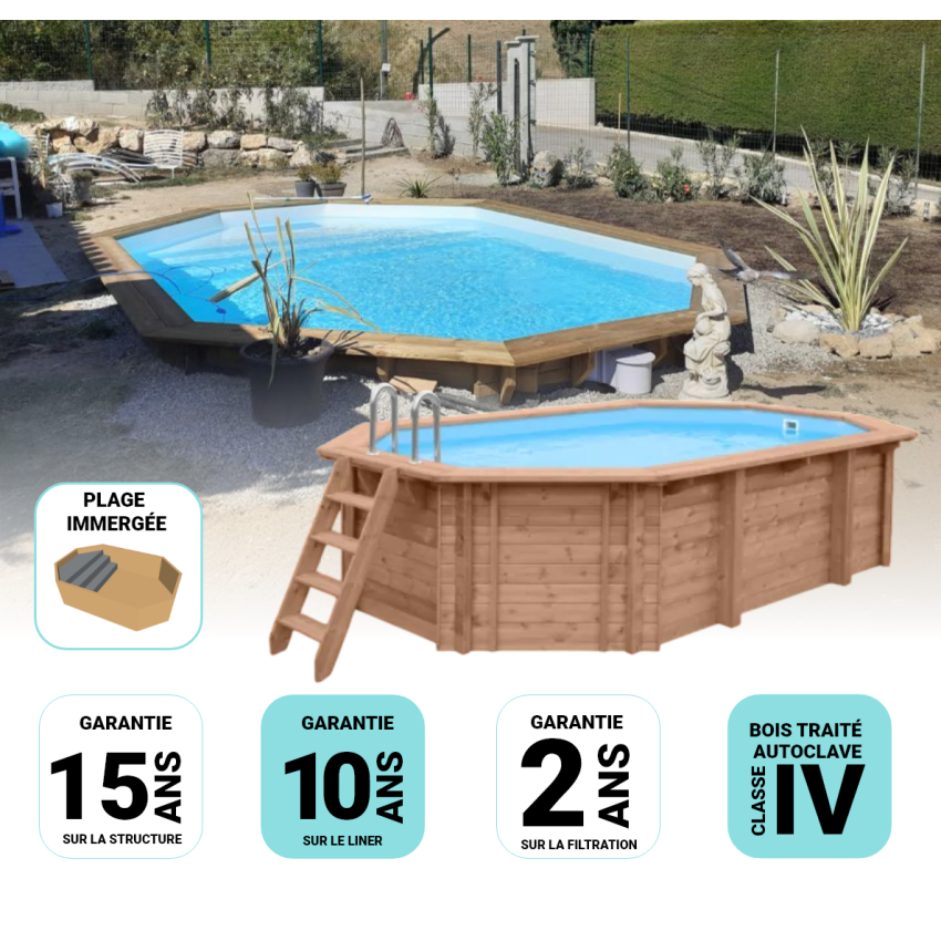 Piscine Bois d'Argent Octogonale allongée avec Plage Immergée + Escalier 612x407x131cm