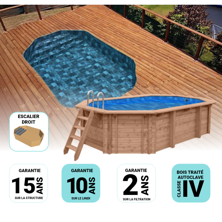 Piscine Bois Super Lucci Octogonale Allongée avec Escalier 807x457x131cm Pierre de Bali