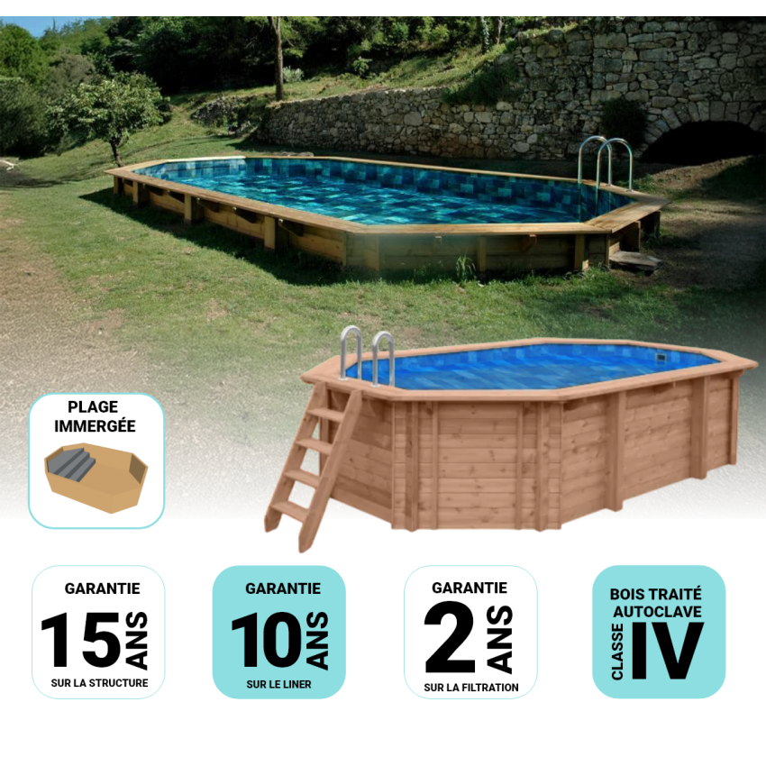 Piscine Bois Super Lucci Octogonale allongée avec Plage immergée + escalier 807x457x131cm Pierre de Bali