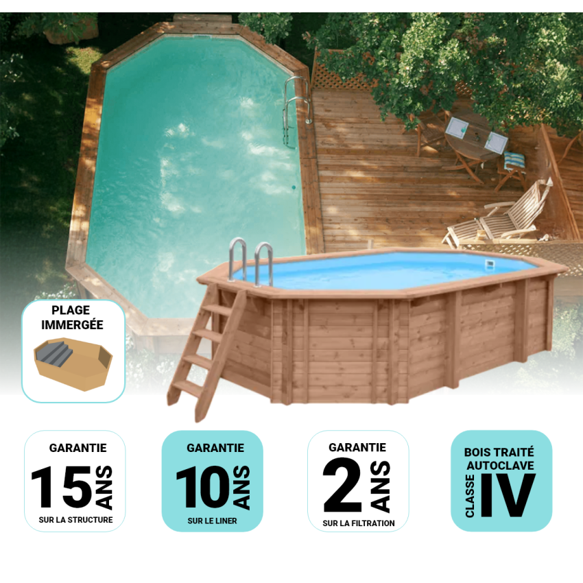 Piscine Bois Super Lucci Octogonale allongée avec Plage immergée + escalier 807x457x131cm