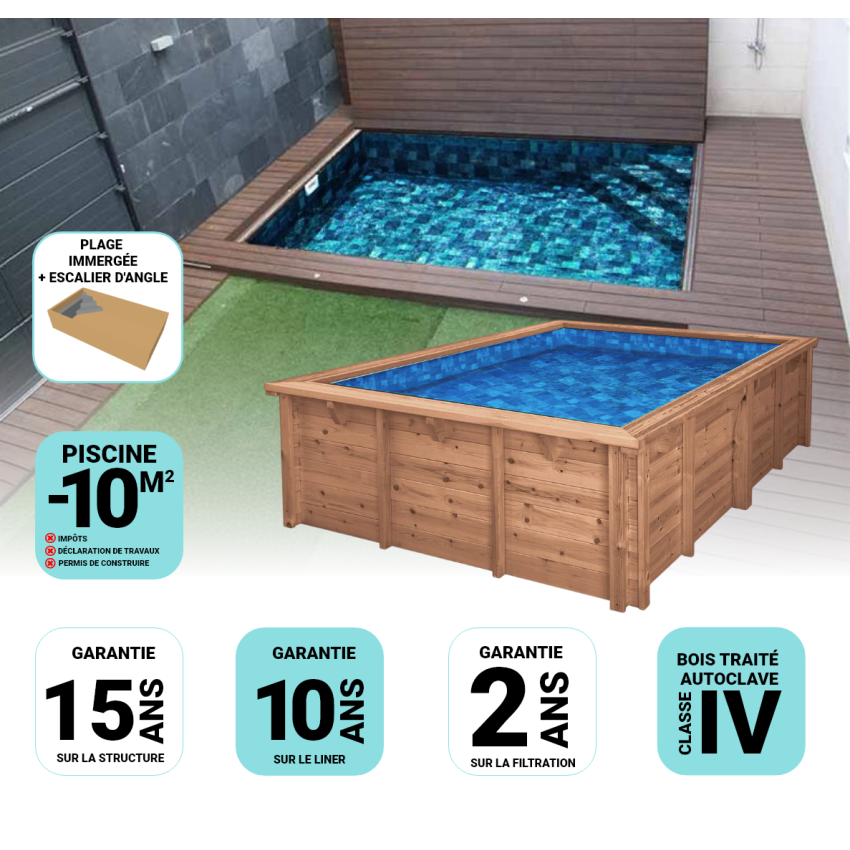 Piscine Bois Luxe Rectangulaire avec Plage Immergée + Escalier d'Angle 420x320x145cm Pierre de Bali