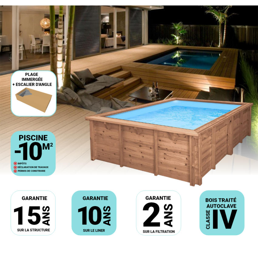 Piscine Bois Luxe Rectangulaire avec Plage Immergée + Escalier d'Angle 420x320x145 cm
