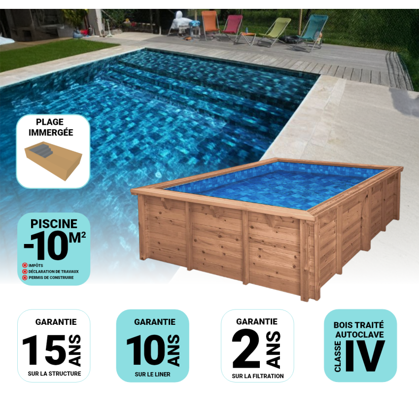 Piscine Bois Luxe Rectangulaire avec Plage Immergée + escalier 470x270x145cm Pierre de Bali