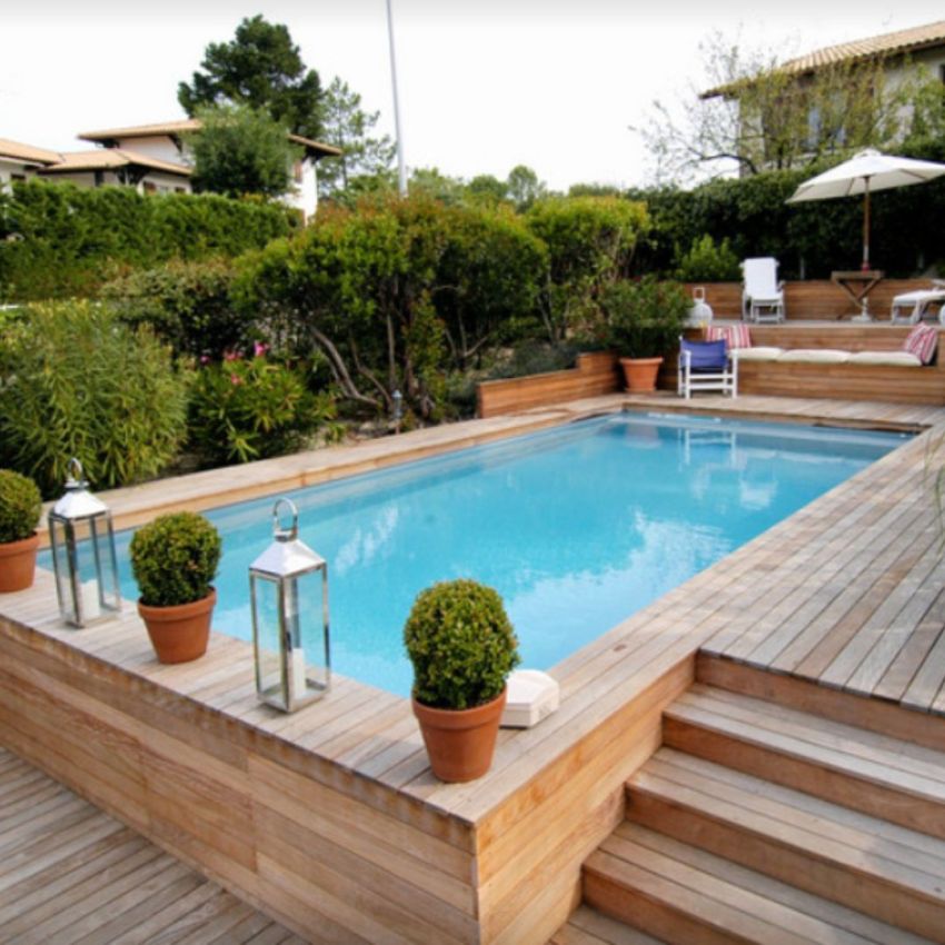 Piscine Bois Luxe Rectangulaire avec Plage Immergée + escalier 470x270x145cm