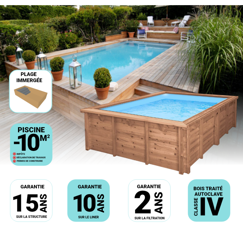 Piscine Bois Luxe Rectangulaire avec Plage Immergée + escalier 470x270x145cm