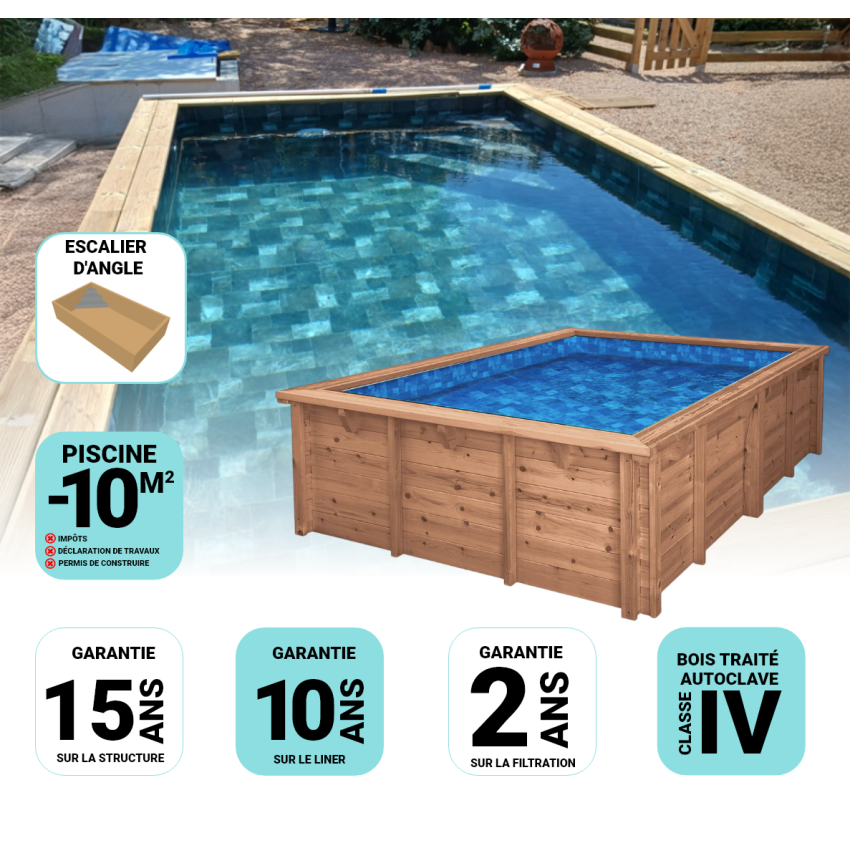 Piscine Bois Luxe Rectangulaire Luxe avec Escalier d'angle 470x270x145cm Pierre de Bali