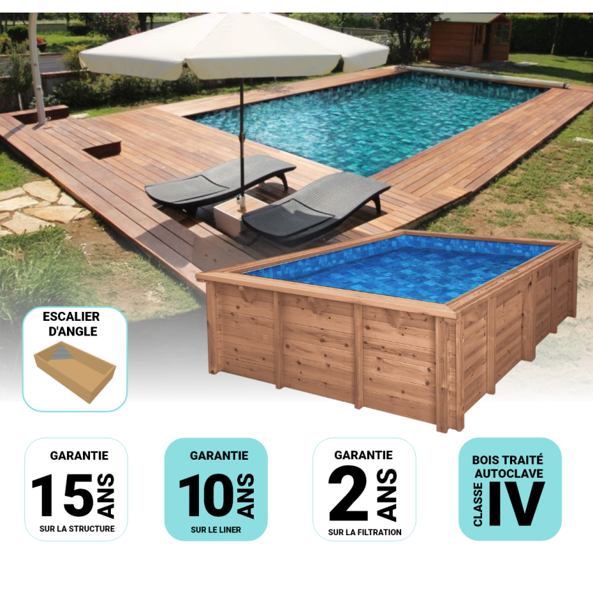 Piscine Bois Lenny Rectangulaire avec Escalier d'Angle 720x400x145cm Pierre de Bali