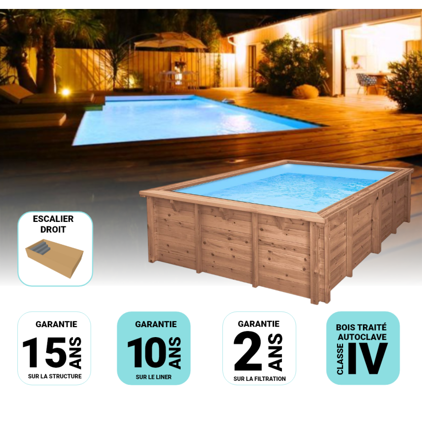 Piscine Bois Lenny Rectangulaire avec Escalier droit 720x400x145cm