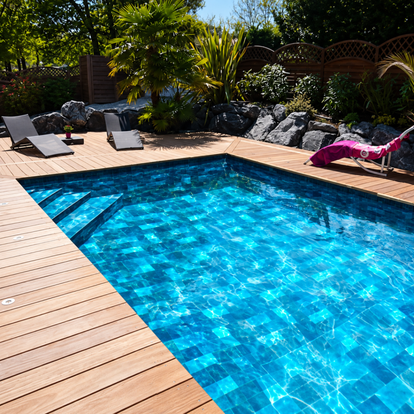 Piscine Bois Diana Rectangulaire avec Escalier d'Angle 820x420x145cm Pierre de Bali