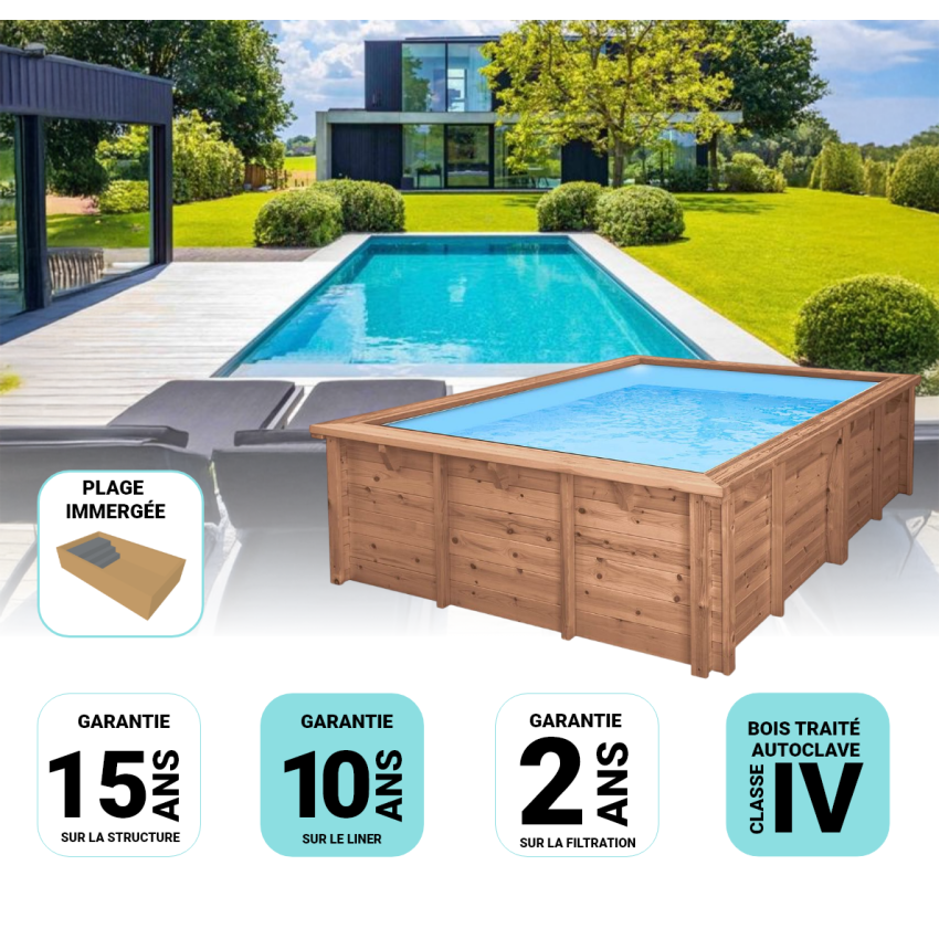 Piscine Bois Diana Rectangulaire avec Plage Immergée + Escalier 820x420x145cm