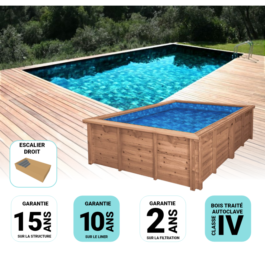Piscine Bois Rebecca Rectangulaire avec Escalier 920x420x145cm Pierre de Bali