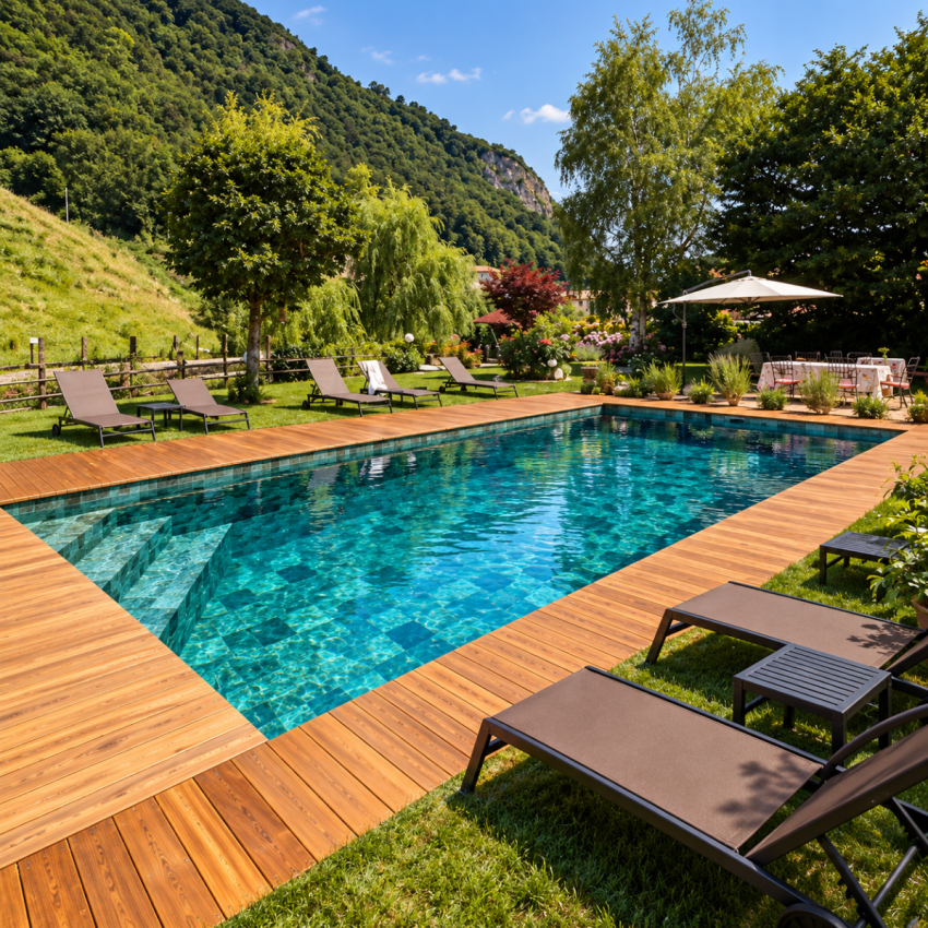 Piscine Bois Supreme Rectangulaire avec Escalier d'Angle 1220x520x145cm Pierre de Bali