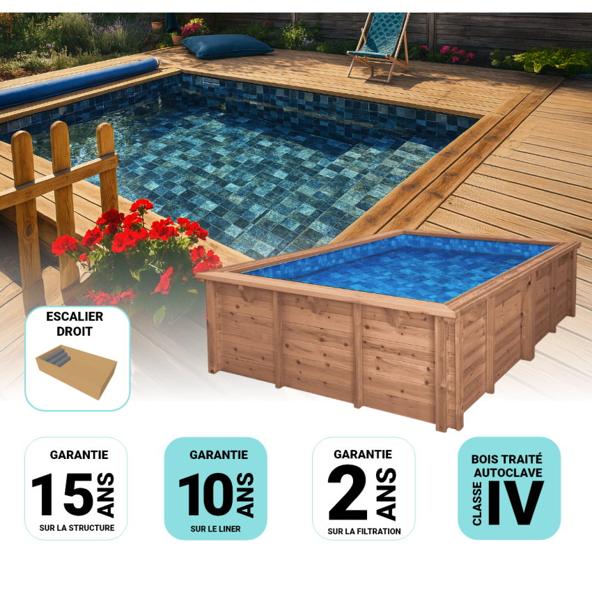 Piscine Bois Tropicana Carrée avec Escalier 320x320x145cm Pierre de Bali