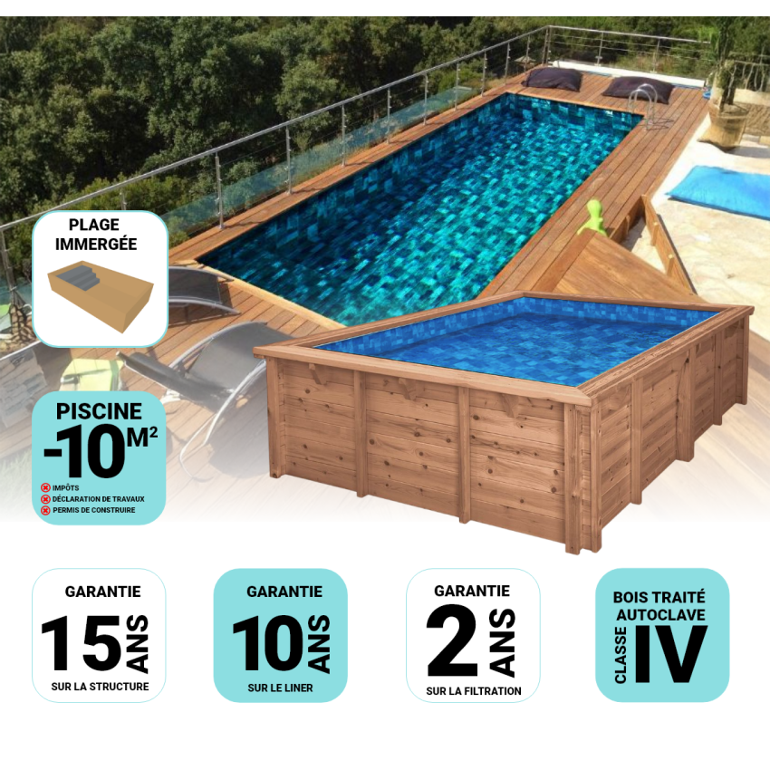 Piscine Bois California Rectangulaire Luxe avec Plage immergée + escalier 520x220x131cm Pierre de Bali