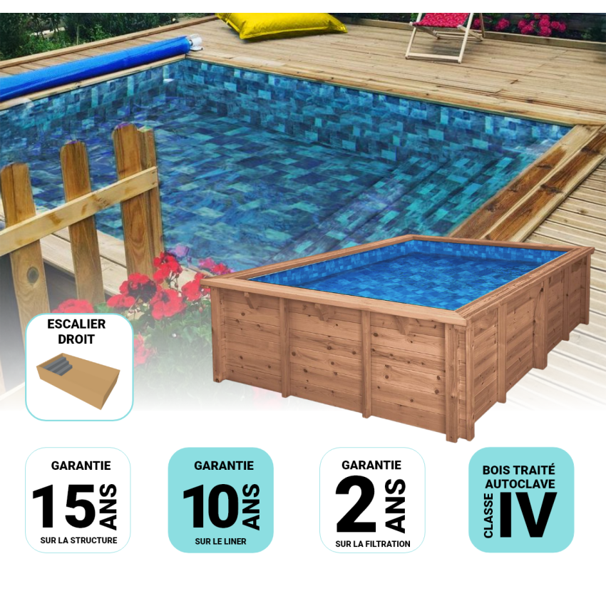 Piscine Bois Capri Carrée avec Escalier 420x420x145cm Pierre de Bali