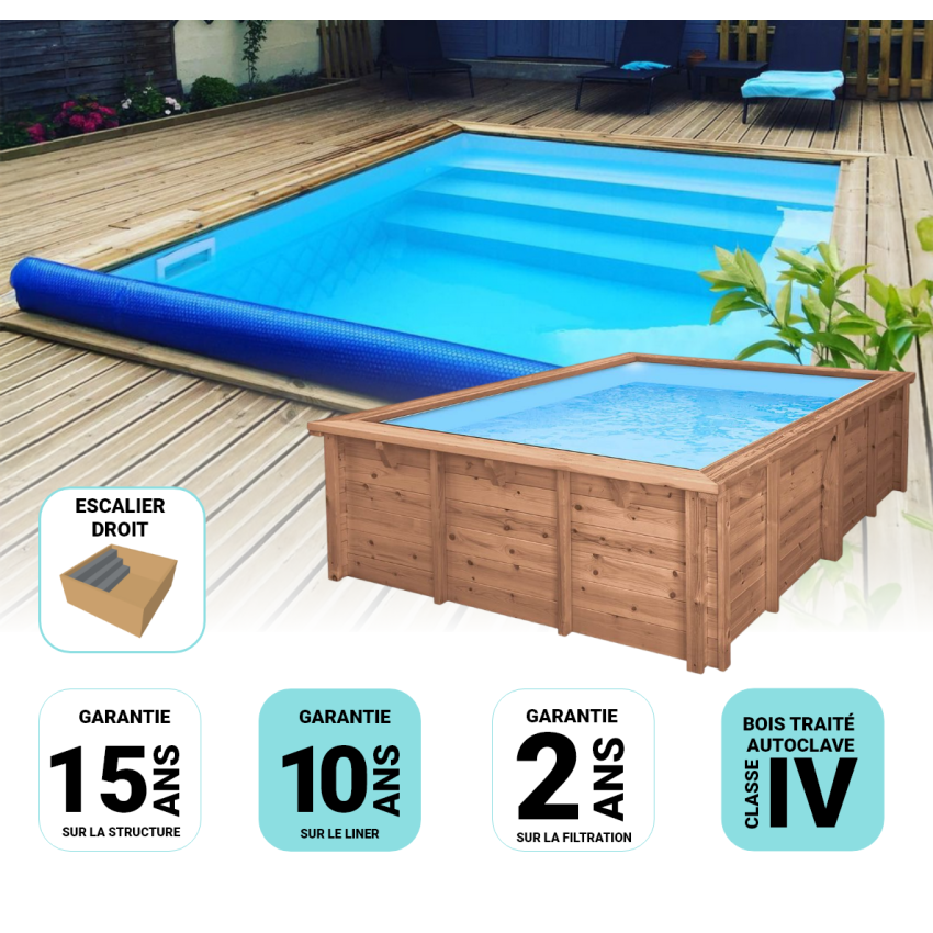 Piscine Bois Capri Carrée avec Escalier 420x420x145cm