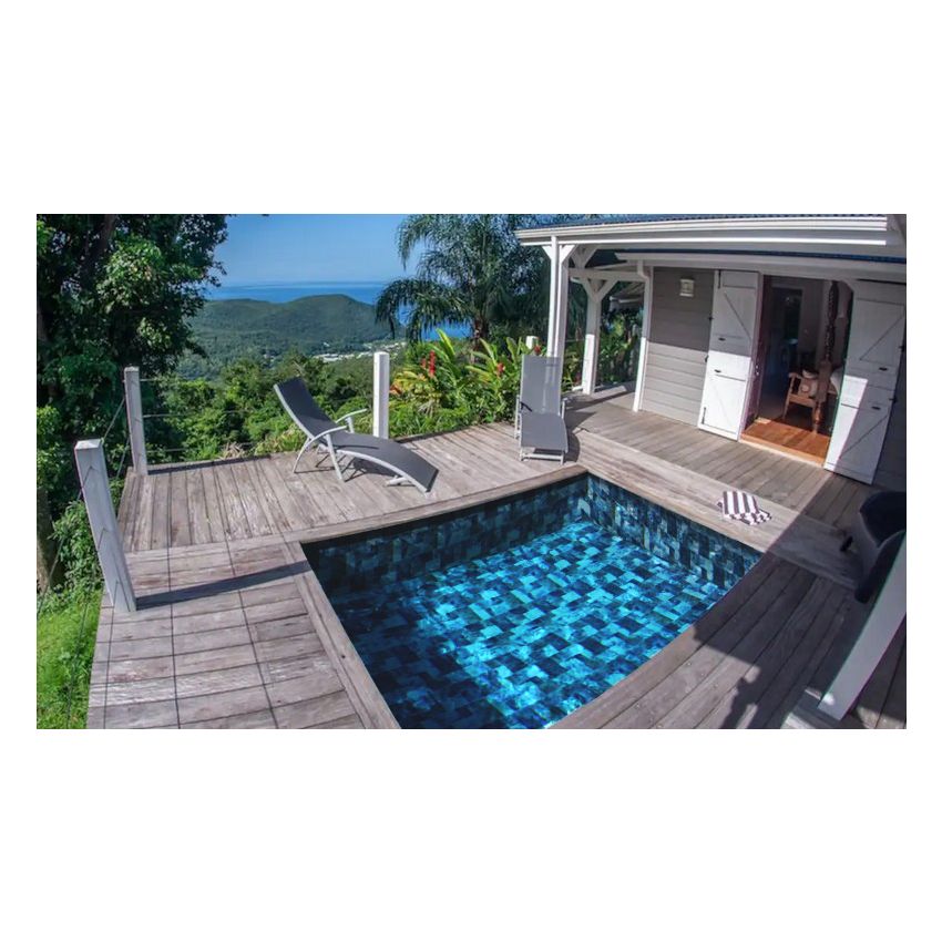 Piscine Bois Capri Carrée avec Escalier d'Angle 420x420x145cm Pierre de Bali