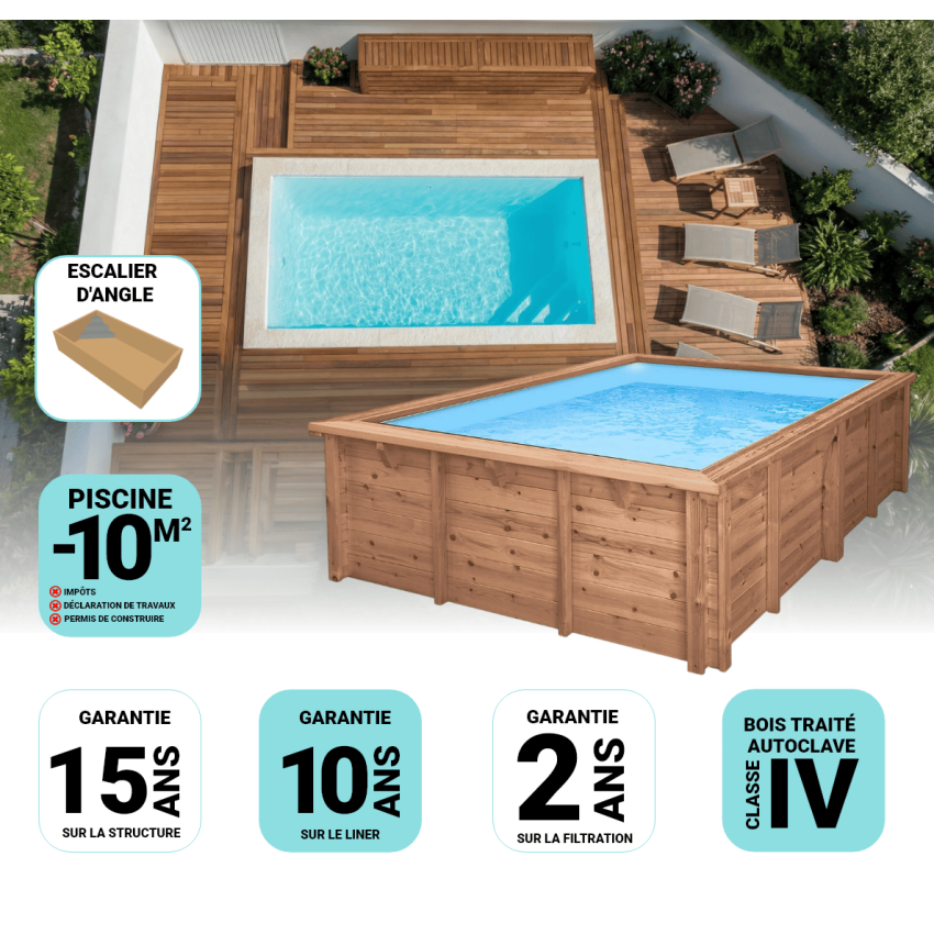 Piscine Bois Luna Rectangulaire avec Escalier d'Angle 350x270x70cm