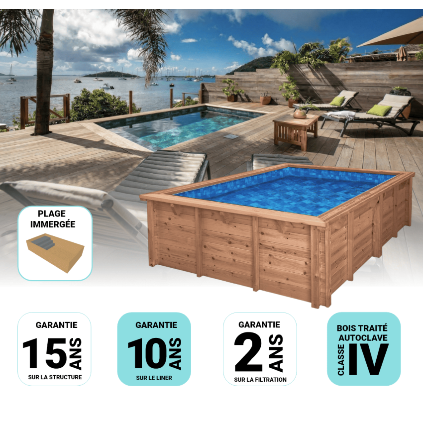 Piscine Bois Luna Rectangulaire avec Plage immergée + Escalier 350x270x70cm Pierre de Bali