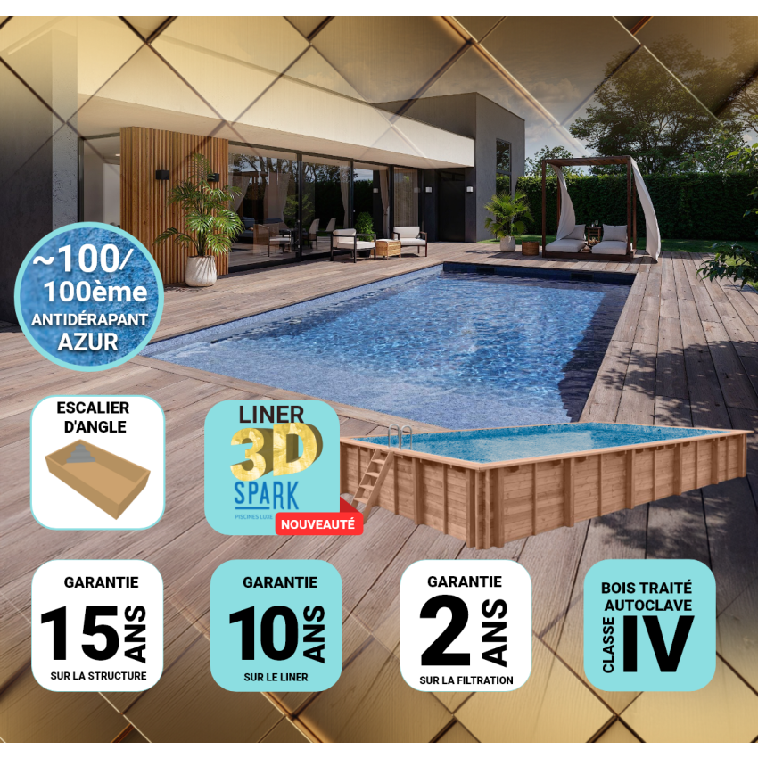 Piscine Bois PRESTIGE Rectangulaire SPARK avec Escalier d'angle 620x420x130cm Liner Relief 3D