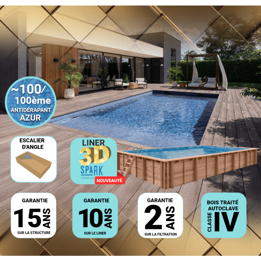 Piscine Bois PRESTIGE Rectangulaire LUNA avec Escalier d'angle SPARK 350x270x70cm Liner Relief 3D