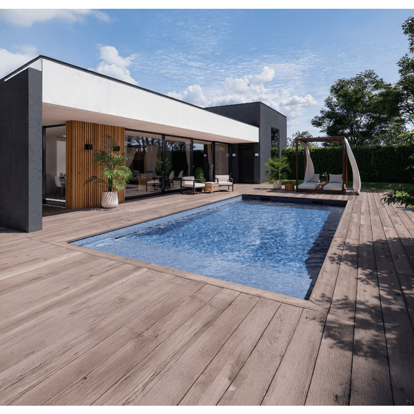 Piscine Bois PRESTIGE Carrée TROPICANA SPARK avec Plage immergée + Escalier 320x320x145 cm Liner Relief 3D
