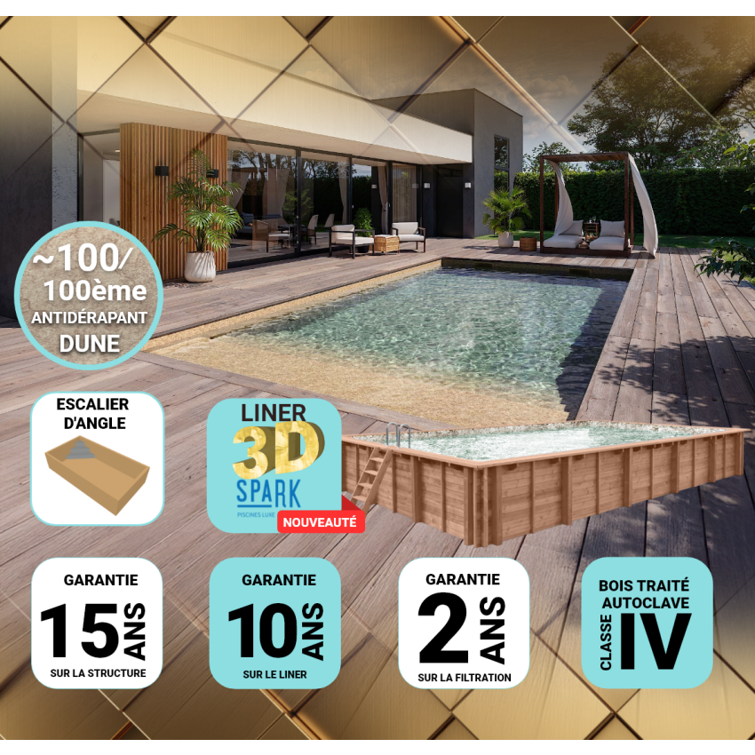 Piscine Bois PRESTIGE Rectangulaire avec Escalier d'Angle SPARK 620x420x145cm Liner Relief 3D
