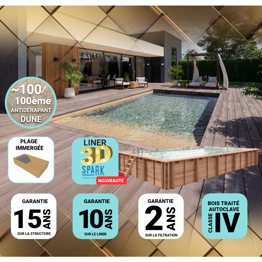 Piscine Bois PRESTIGE Rectangulaire avec Plage Immergée + Escalier SPARK 820x420x145cm Liner Relief 3D