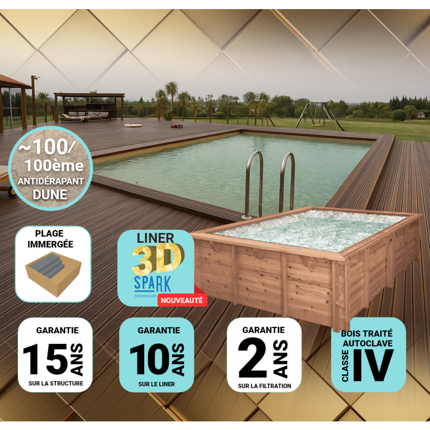 Piscine Bois PRESTIGE Anna Carrée avec Plage immergée + Escalier SPARK 520x520x145cm Liner Relief 3D