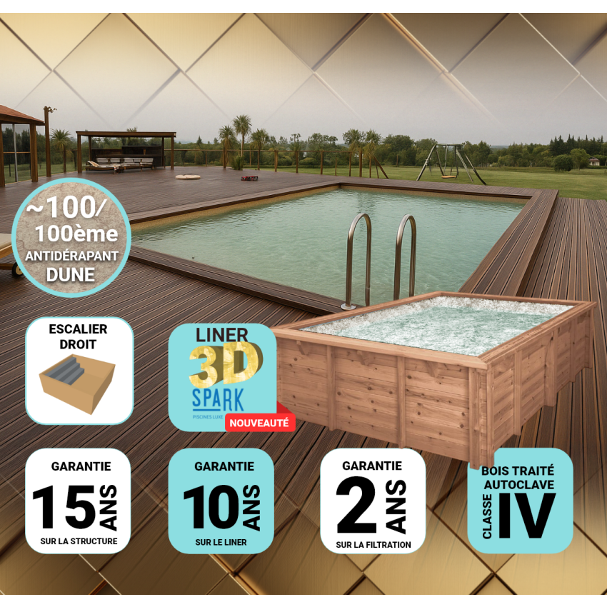 Piscine Bois PRESTIGE Carrée TROPICANA SPARK avec Escalier 320x320x145 cm Liner Relief 3D