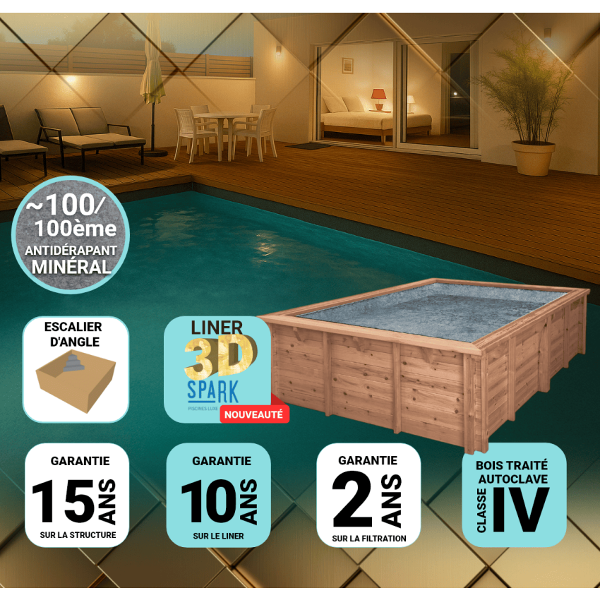 Piscine Bois PRESTIGE Carrée TROPICANA SPARK avec Escalier d'angle 320x320x145 cm Liner Relief 3D